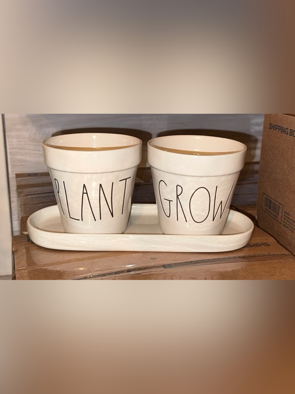 Rae Dunn White Ceramic 'PLANT' & 'GROW' Planter Set with Tray 3 pieces